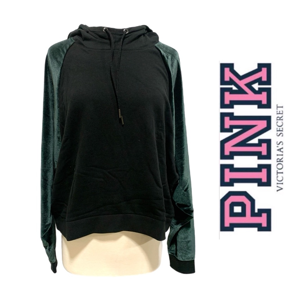 PINK Victoria's Secret Black and Green w/ Velvet Women's Hoodie‎ - 6099